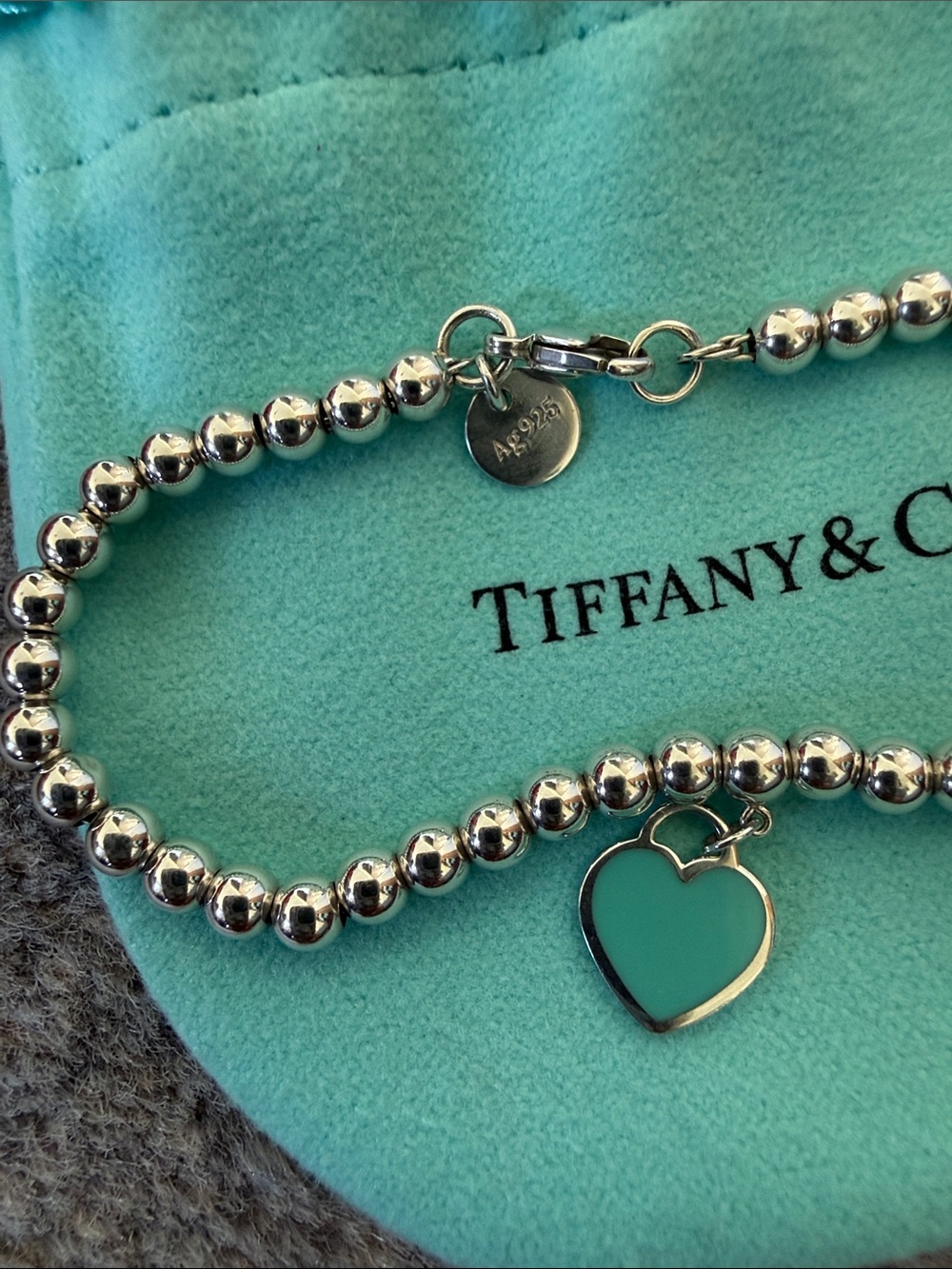 Tiffany & Co. Silver Bead Bracelet with Turquoise Heart Charm